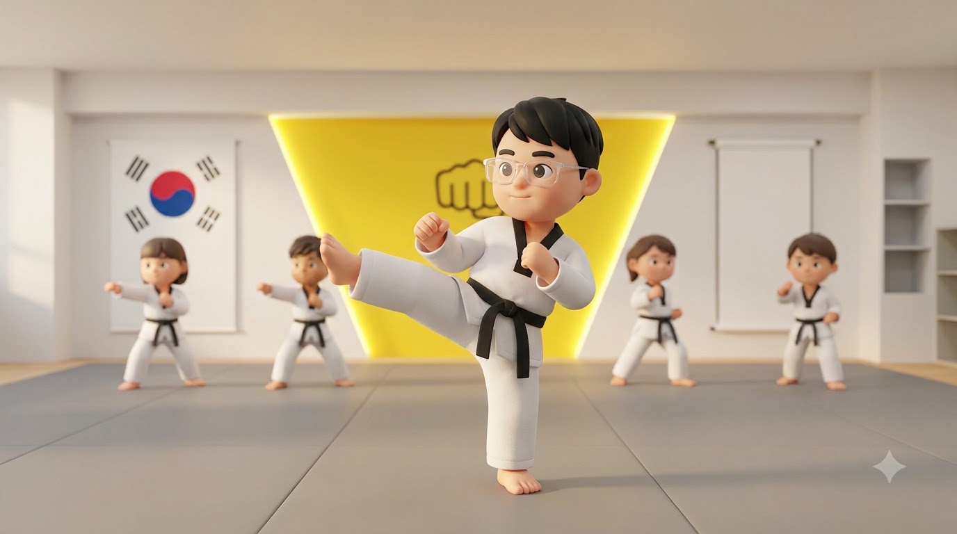 본문 4번 그림 — 심사 중 발차기 동작을 힘껏 뻗는 아이의 옆모습