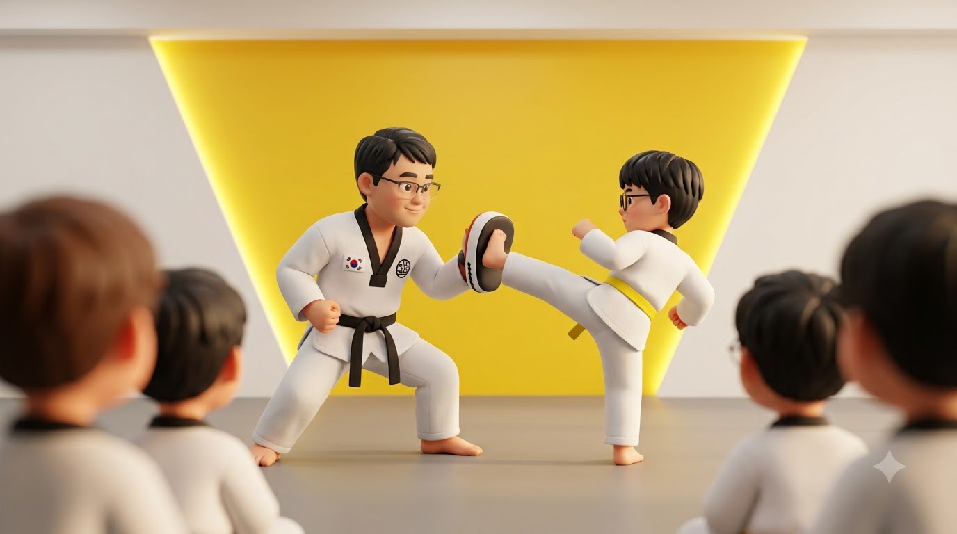 본문 8번 그림 — 사범님이 든 미트를 차는 아이