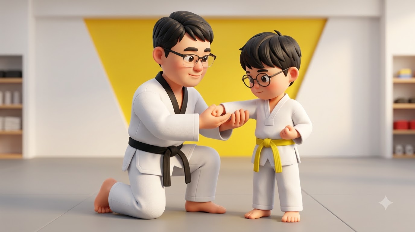 본문 16번 그림 — 관장님이 아이의 자세를 잡아 주는 장면